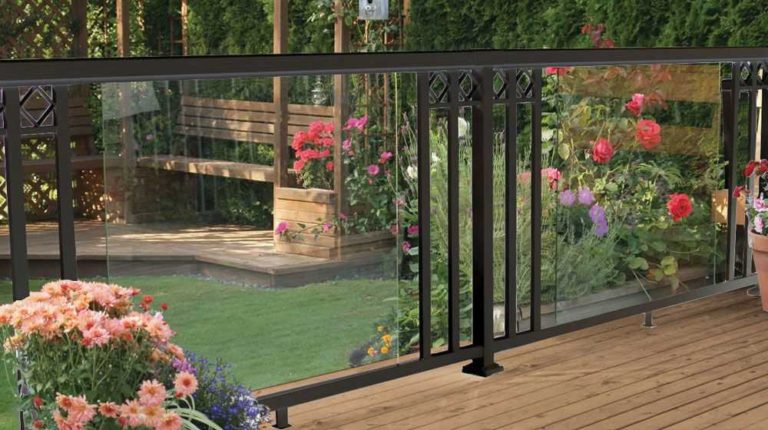 Black-Large-Glass-Panel-with-Wide-Pickets-and-Decorative-Spacers-Railing-NEW